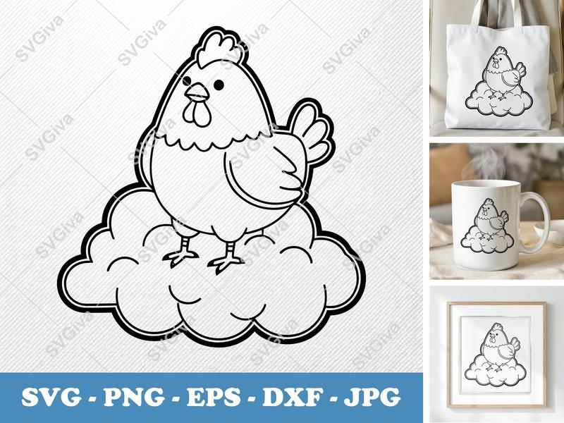 Chicken Sitting on Cloud SVG PNG DXF EPS | Farm Animal Cut File for Cricut Silhouette