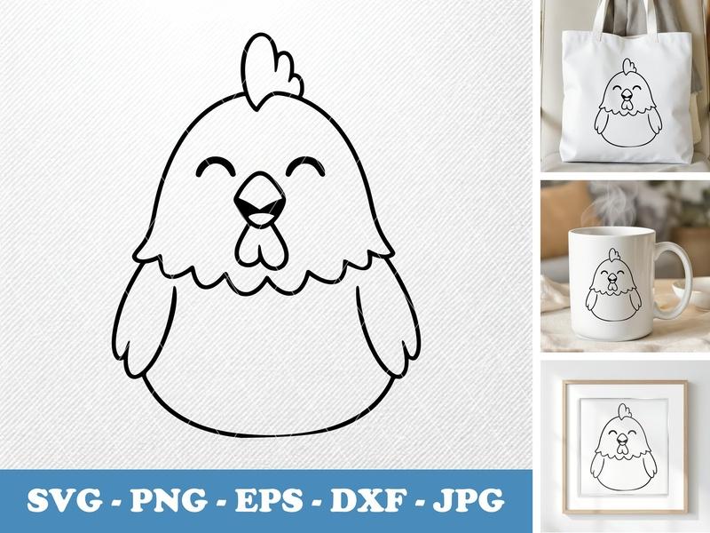 Chicken smiling happily, Rounded Shapes SVG, Cute Farm Animal Cut File, Cricut Silhouette Svg, Png Dxf Eps, Vector Clipart Design