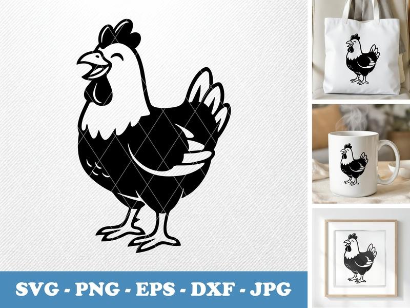 Chicken smiling happily SVG, Outline & Bold Fill Design, Farm Animal Cut File, Cricut Silhouette Svg Files, Png Dxf Eps Vector Clipart