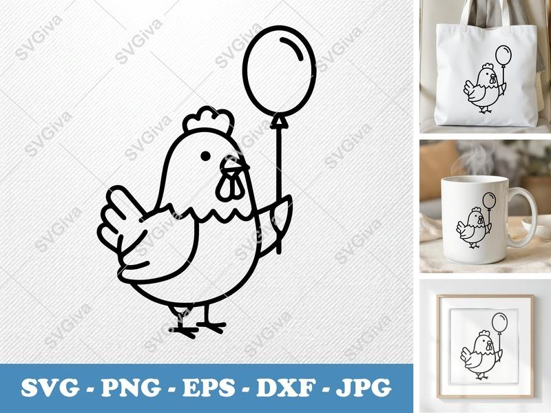 Chicken SVG | Balloon Cut File, Modern Farm Animal Clipart | PNG EPS DXF for Cricut, Silhouette | Cute Hen Vector