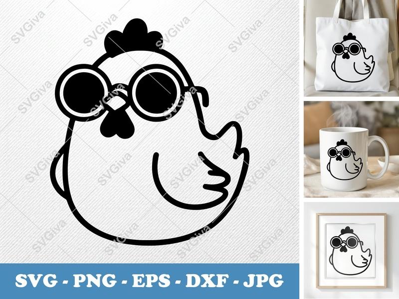Chicken SVG | Cool Chicken with Sunglasses | Funny Farm Animal Cut File | PNG EPS DXF for Cricut Silhouette