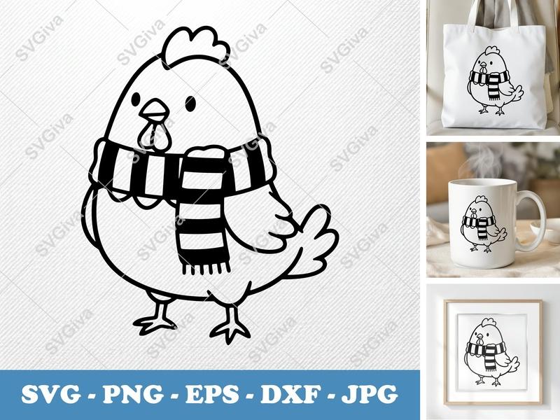 Chicken SVG | Cute Cartoon Hen with Scarf | Farm Animal Vector | PNG EPS DXF for Cricut Silhouette
