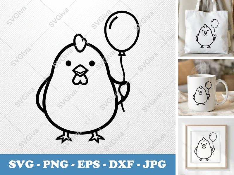 Chicken SVG | Cute Chick with Balloon, Modern Outline Design | PNG EPS DXF for Cricut, Silhouette, Vinyl Decal