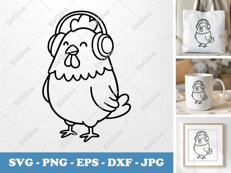 Chicken SVG, Cute Chicken with Headphones | PNG EPS DXF | Cricut Silhouette File, Farm Animal Clipart, Digital Download