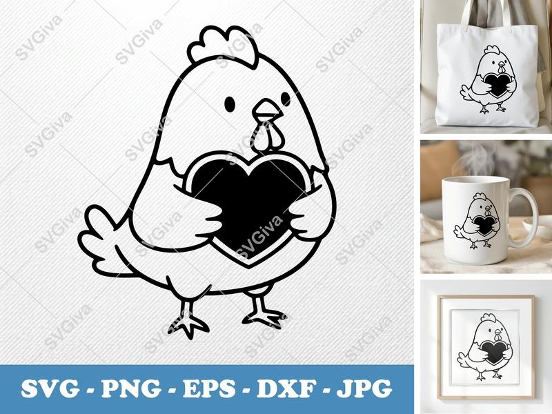 Chicken SVG | Cute Hen with Heart Clipart | Farm Animal PNG EPS DXF for Cricut Silhouette, Love Valentine