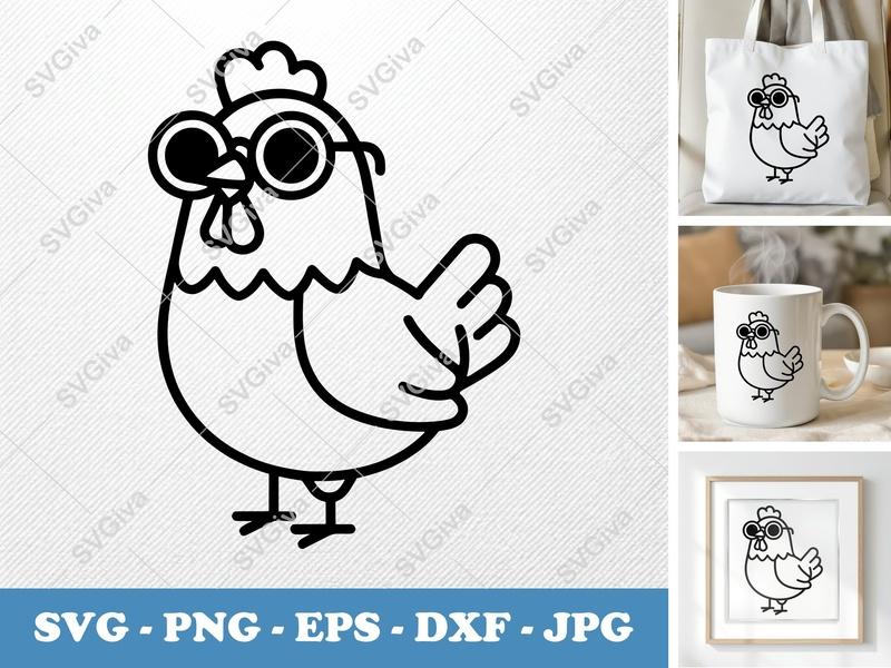 Chicken SVG | Cute Rooster with Glasses Cut File | Farm Animal PNG, EPS, DXF for Cricut & Silhouette Design