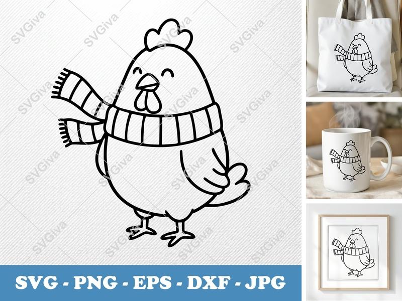 Chicken SVG | Cute Winter Scarf Fowl Outline | PNG EPS DXF | Cricut Silhouette File