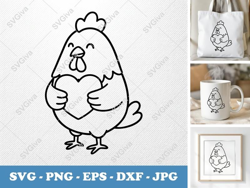 Chicken SVG | Heart Love Hen | Farm Animal Clipart | PNG EPS DXF for Cricut Silhouette, Digital Download, Cute Kawaii