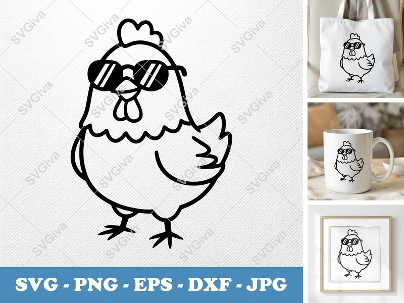 Chicken SVG, Minimalist Cartoon Bold Contour | wearing sunglasses | PNG DXF EPS | Cricut Silhouette Cut File