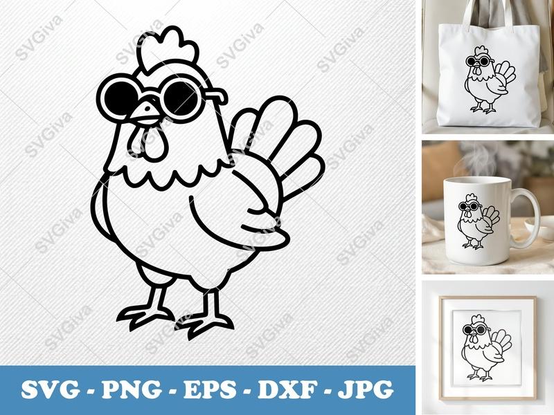 Chicken SVG | Wearing Sunglasses | Double-Outline Minimalist Design | Thick Contour, Clean Space | PNG, DXF, EPS for Cricut & Silhouette