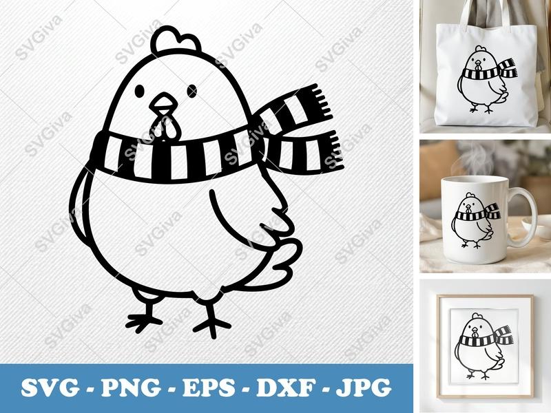 Chicken wearing a scarf SVG PNG DXF EPS | Cute Farm Animal Cut File for Cricut Silhouette