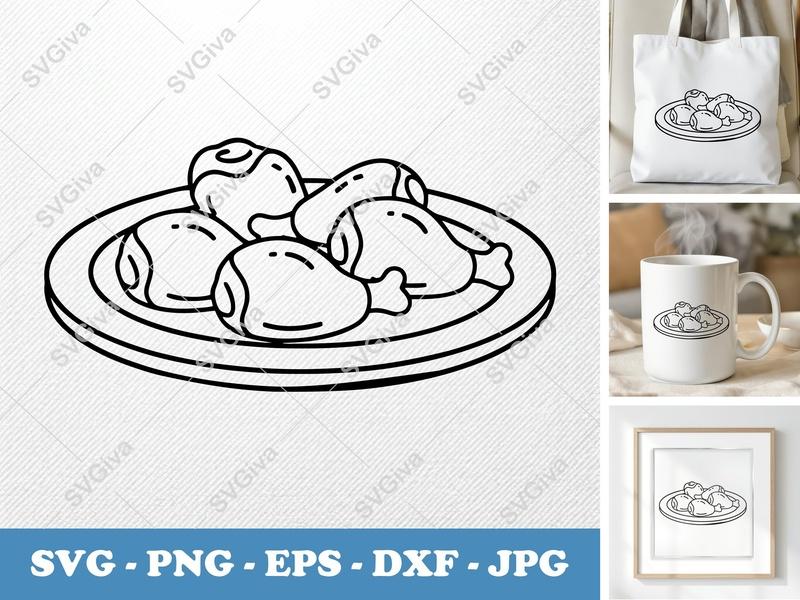 Chicken Wings SVG | Modern Drumsticks Plate, Food Clipart | PNG EPS DXF for Cricut, Silhouette | Kitchen Decor Cut File