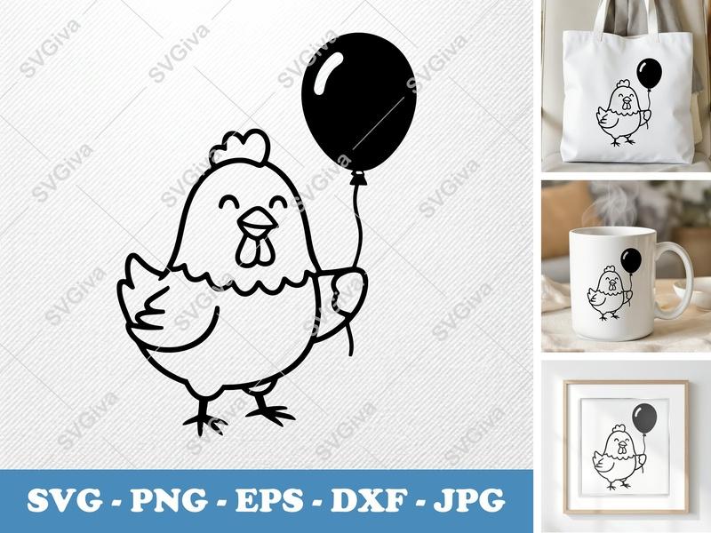 Chicken with Balloon SVG | Bold Contour, Simple Character | PNG DXF EPS | Cricut Silhouette Cut File