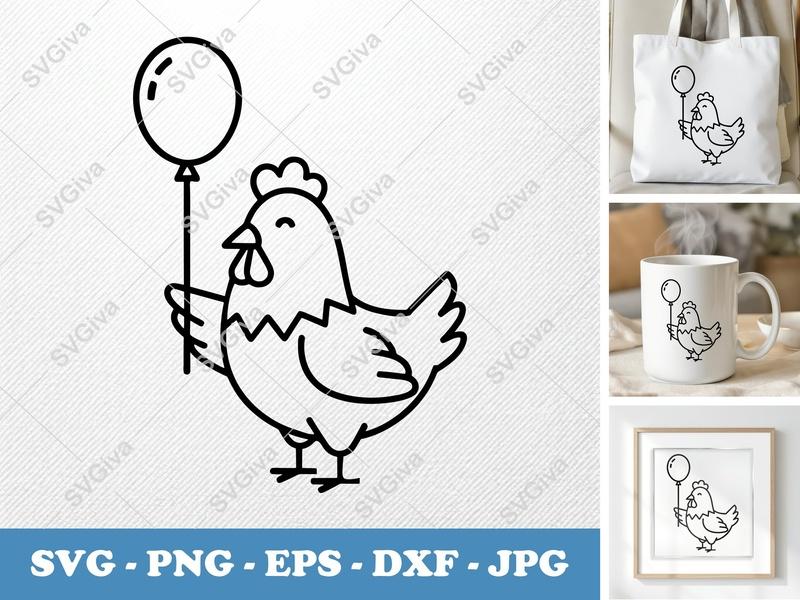 Chicken with Balloon SVG | Double-Outline Minimalist Art | Thick Contour, Thin Lines | PNG DXF EPS | Cricut Silhouette File