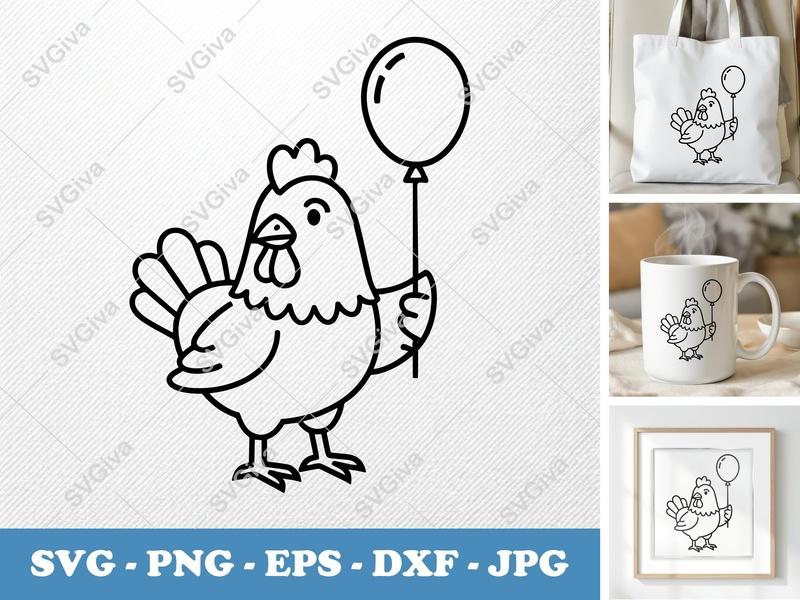 Chicken with Balloon SVG | Double-Outline Minimalist | SVG, PNG, DXF, EPS | Cricut & Silhouette Cut File