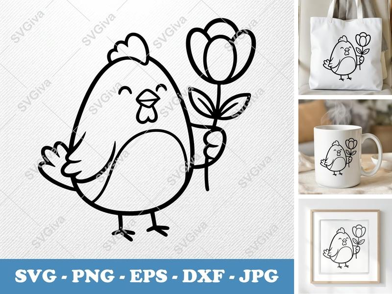 Chicken with Flower SVG | Cute Farm Animal Cut File PNG DXF EPS for Cricut Silhouette