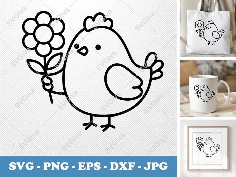 Chicken with Flower SVG PNG DXF EPS | Cute Chick Cut File for Cricut Silhouette