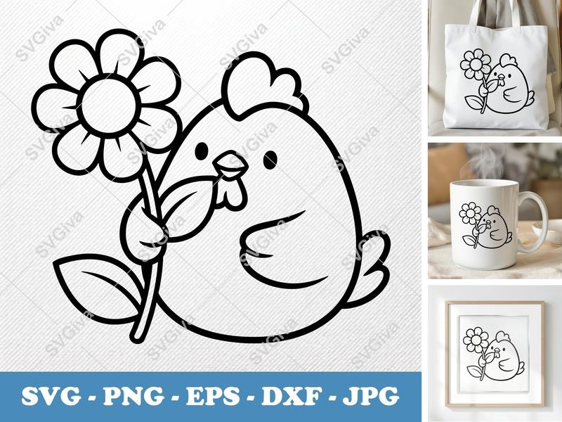 Chicken with Flower SVG PNG DXF EPS | Cute Farm Animal Cut File for Cricut Silhouette Projects
