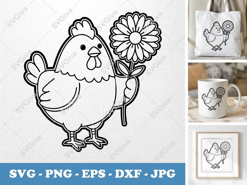 Chicken with Flower SVG PNG DXF EPS | Farm Animal Cut File Cricut Silhouette