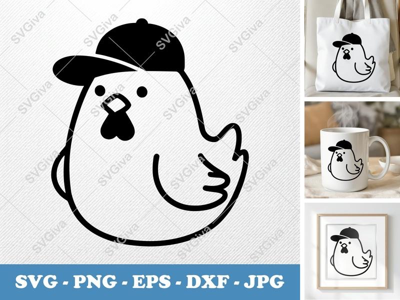 Chicken with Hat SVG | Cute Modern Farm Animal PNG EPS DXF | Cricut Silhouette Cut File | Funny Bird Clipart Design