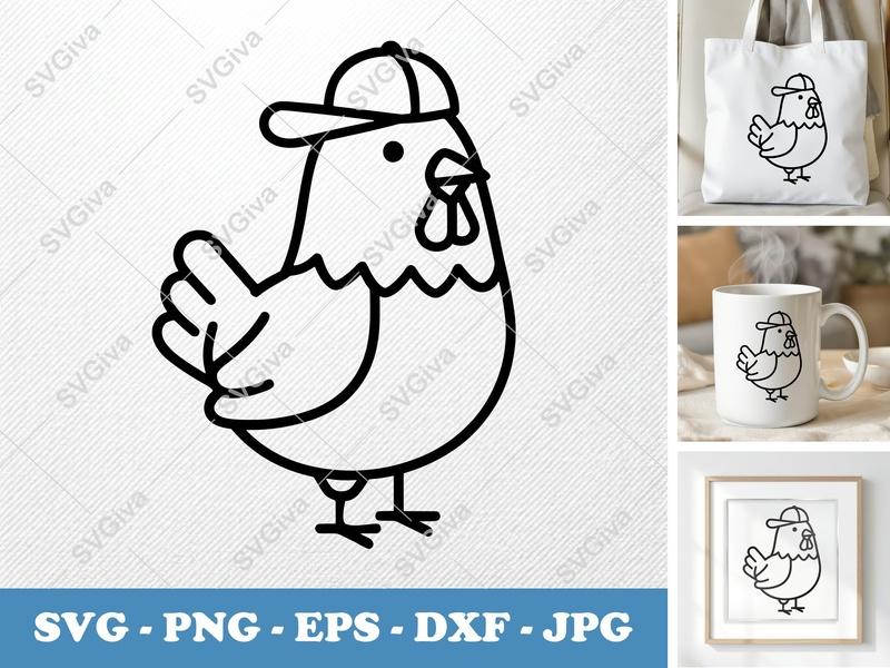 Chicken with Hat SVG | Modern Farm Animal PNG EPS DXF Cut File for Cricut, Silhouette | Cute Rooster Clipart Design