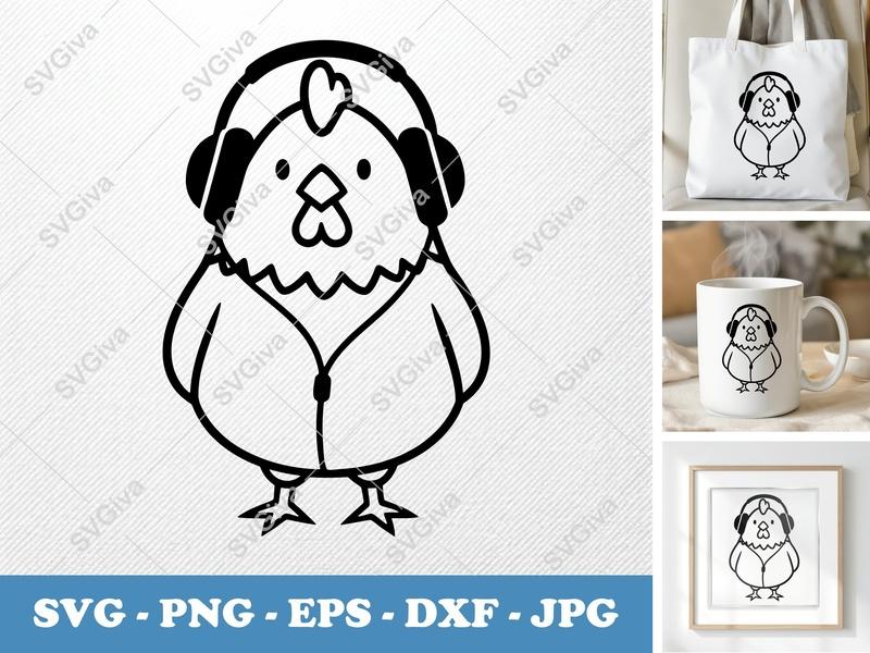 Chicken with Headphones SVG | Bold Contour Minimalist Cut File | PNG DXF EPS | Cricut Silhouette Design