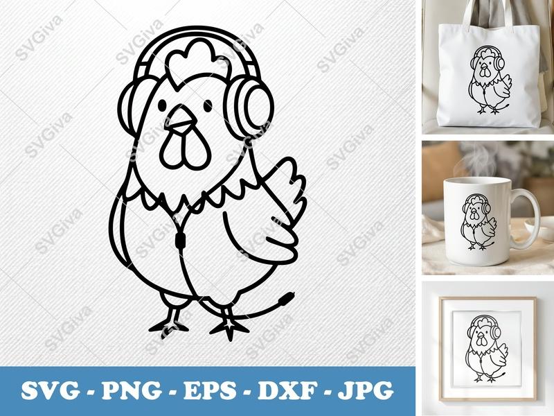 Chicken with Headphones SVG | Modern Music Fowl PNG EPS DXF Cut File for Cricut Silhouette, Farm Animal Clipart