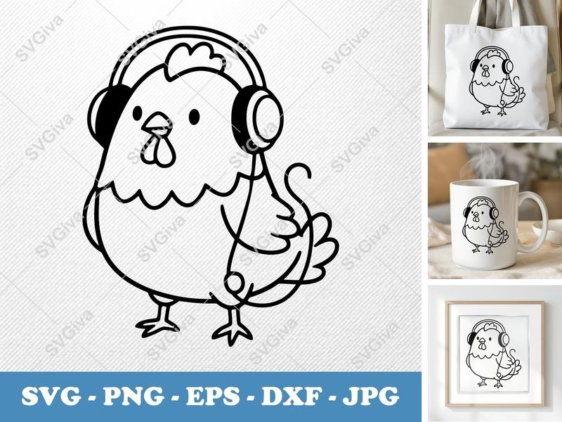 Chicken with Headphones SVG, PNG, EPS, DXF | Cute Music Farm Animal Cut File for Cricut, Silhouette | Modern Hen Clipart