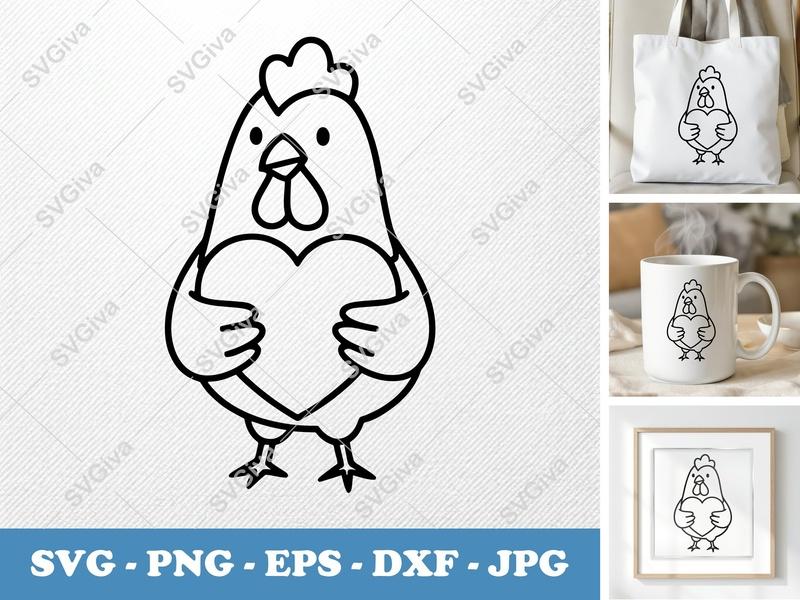 Chicken with Heart SVG, Cute Farm Animal PNG, EPS, DXF Cut File for Cricut, Silhouette | Love Hen Clipart Download
