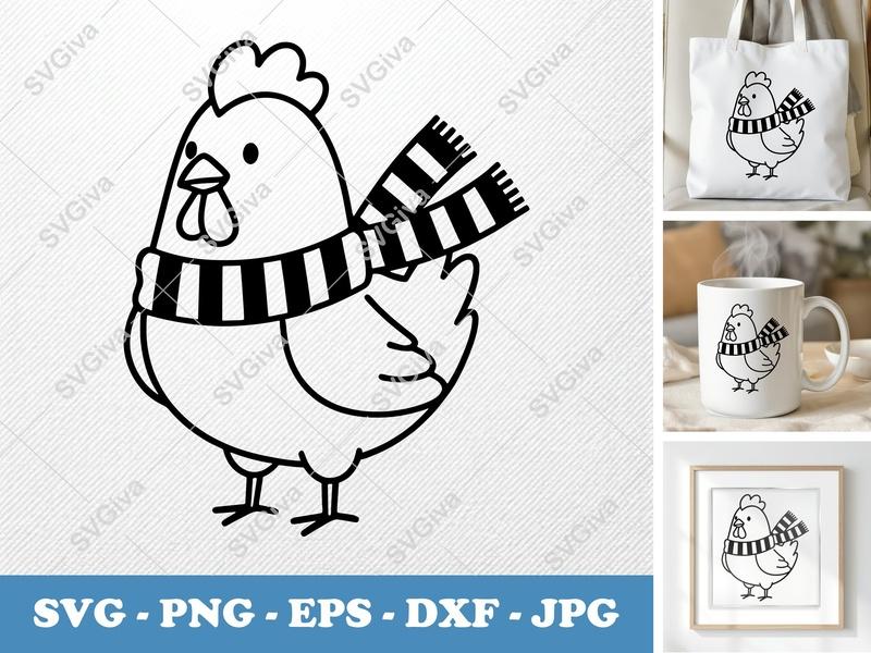 Chicken with Scarf SVG | Double-Outline Minimalist Cut File | PNG DXF EPS | Cricut Silhouette Ready