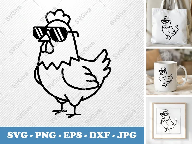 Chicken with Sunglasses SVG | Double-Outline Minimalist Design | Thick Contour, Thin Lines | PNG DXF EPS | Cricut Silhouette File