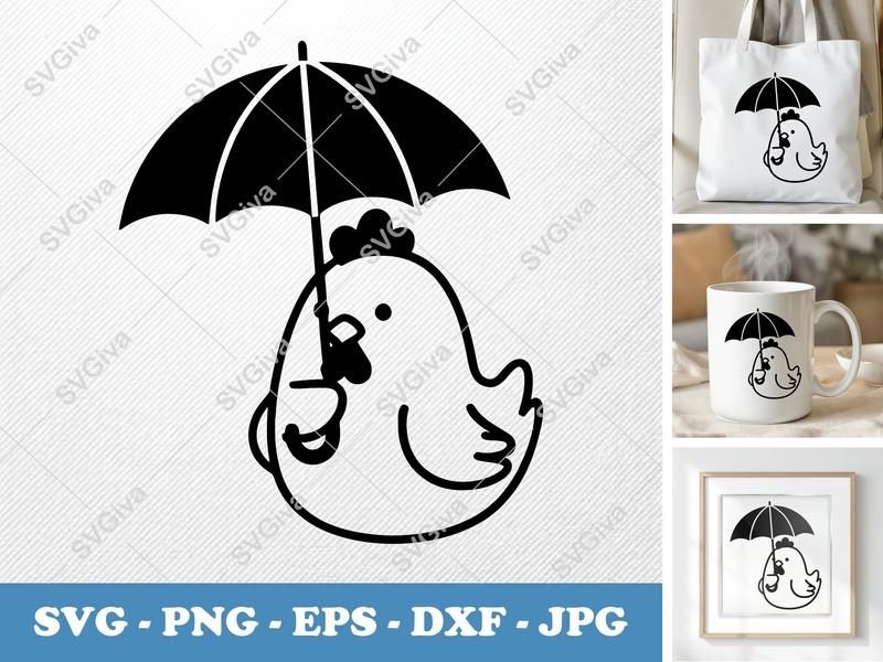 Chicken with Umbrella SVG | Cute Cartoon Chick PNG EPS DXF | Farm Animal Cut File for Cricut Silhouette, Modern Design
