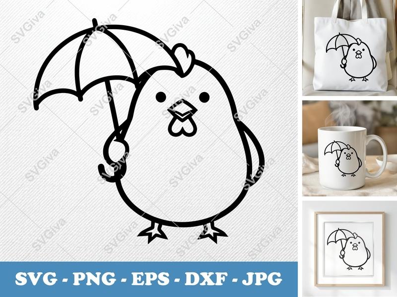 Chicken with Umbrella SVG | Cute Kawaii Chick PNG EPS DXF | Modern Farm Animal Cut File for Cricut Silhouette
