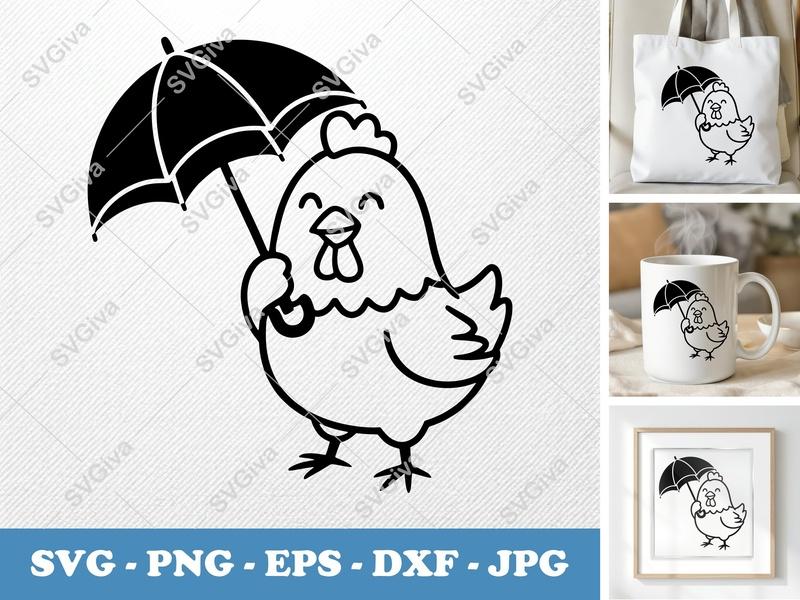 Chicken with Umbrella SVG | Cute Minimalist Vector | PNG DXF EPS | Cricut Silhouette File