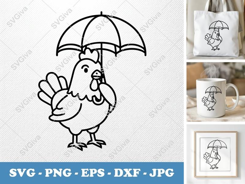 Chicken with Umbrella SVG | Double-Outline Minimalist Art | PNG DXF EPS | Cricut Silhouette File