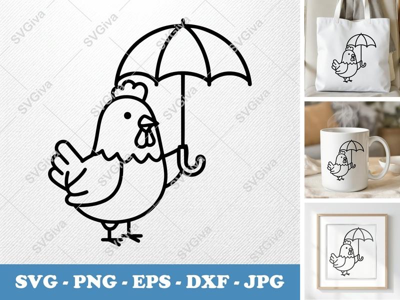 Chicken with Umbrella SVG | Modern Farm Animal PNG EPS DXF | Cricut Silhouette Cut File | Cute Rainy Day Design