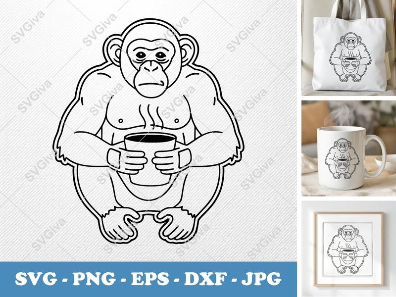 Chimpanzee Coffee SVG, Modern Monkey Line Art, Hot Drink Chimp PNG EPS DXF for Cricut & Silhouette, Cute Animal Cut File