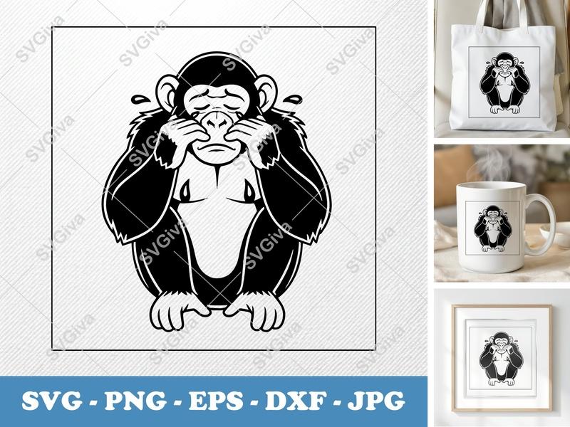 Chimpanzee Crying SVG | Minimalist Double-Outline Cut File | PNG DXF EPS | Cricut Silhouette Ready