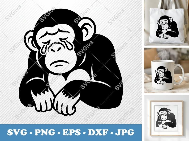 Chimpanzee Crying SVG, Sad Monkey Cut File, Modern Ape Design | PNG EPS DXF for Cricut & Silhouette, Digital Download