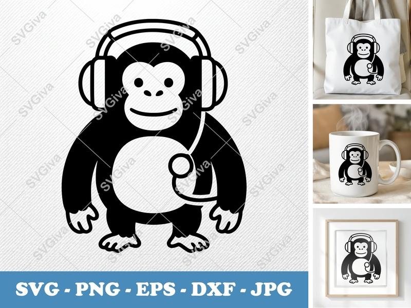 Chimpanzee DJ SVG, Monkey with Headphones Cut File, Gorilla Music Lover Clipart | PNG EPS DXF for Cricut, Silhouette, Vinyl