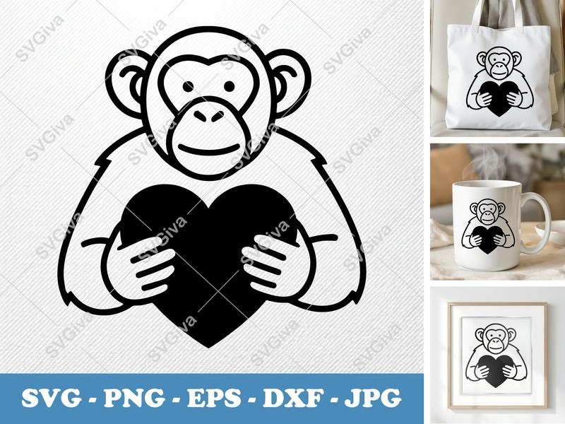 Chimpanzee holding a heart SVG | Minimalist Vector Cut File | Simple Chimp PNG DXF EPS | Cricut Silhouette Design