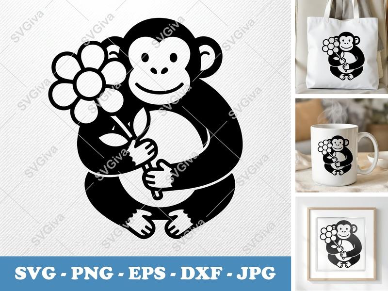 Chimpanzee holding Flower SVG, PNG, DXF, EPS for Cricut & Silhouette | Monkey Animal Vector Cut File
