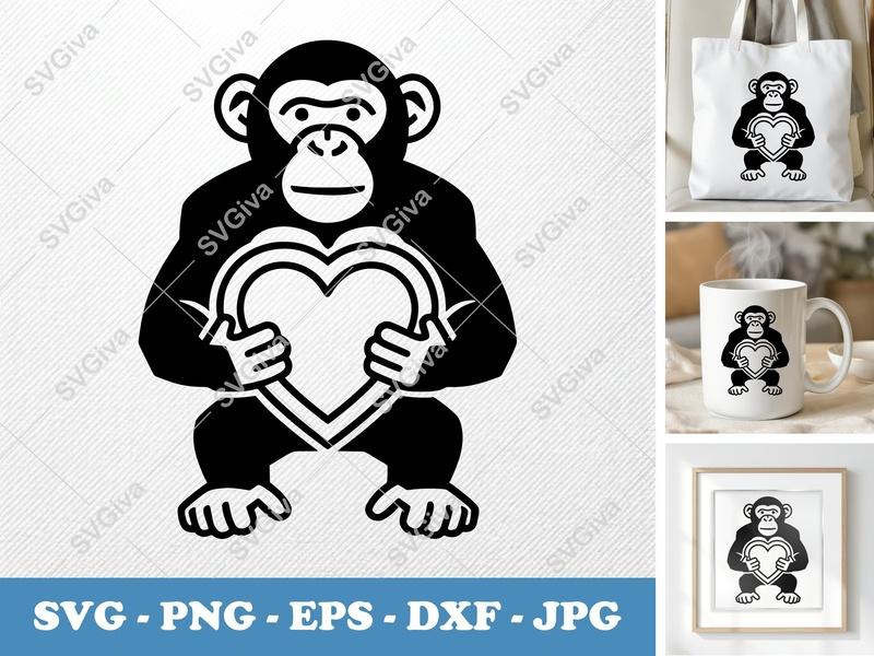 Chimpanzee holding heart SVG | Geometric Double-Outline | PNG DXF EPS | Cricut Silhouette File