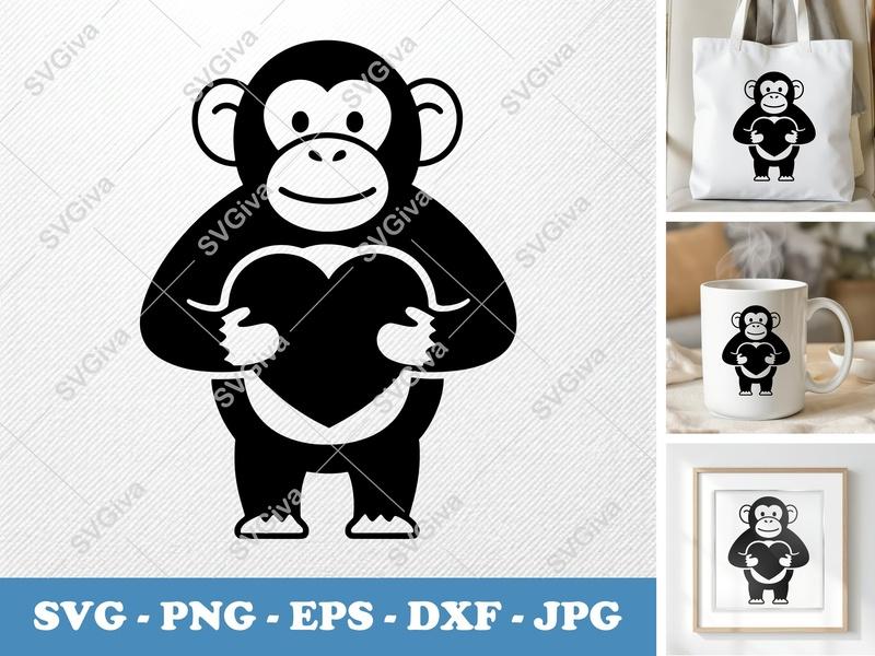 Chimpanzee holding heart SVG, Rounded Body Friendly Bean-Shaped Forms | PNG DXF EPS | Cricut Silhouette File