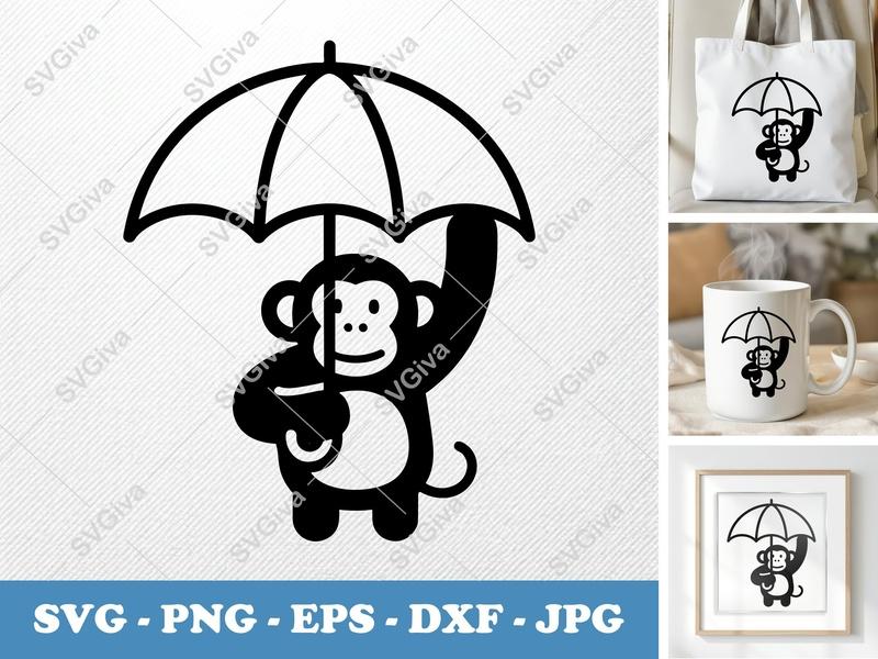 Chimpanzee holding umbrella SVG | Friendly Rounded Bean-shaped Forms | PNG, DXF, EPS for Cricut & Silhouette