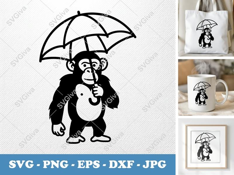 Chimpanzee holding Umbrella SVG, Minimalist Vector Cut File | Bold Contour PNG DXF EPS for Cricut Silhouette