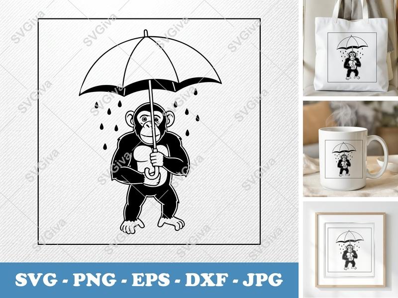 Chimpanzee holding umbrella SVG | Outline Cartoon Cut File | Double-Outline, Low Details | PNG DXF EPS for Cricut Silhouette