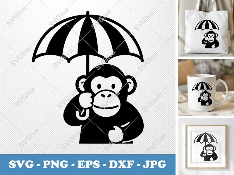 Chimpanzee holding umbrella SVG | Puffy Soft Shapes | PNG DXF EPS | Cricut Silhouette File