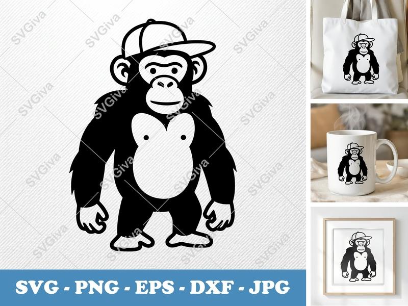 Chimpanzee in a Cap SVG | Bold Minimalist Character | PNG, DXF, EPS | Cricut Silhouette File