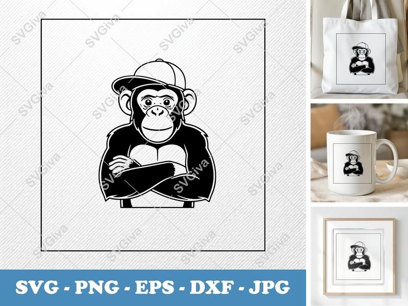 Chimpanzee in a Cap SVG | Double-Outline Minimalist Design | Thick Contour, Clean Space | PNG DXF EPS | Cricut Silhouette File